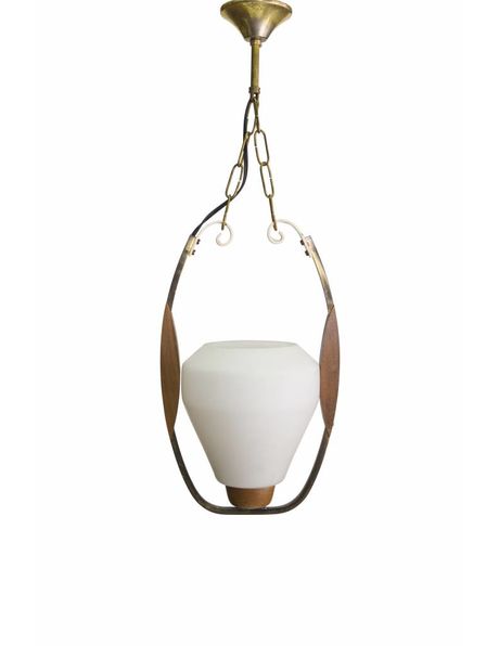 Wooden hanging lamp, glass chalice in wooden ring, 1950s