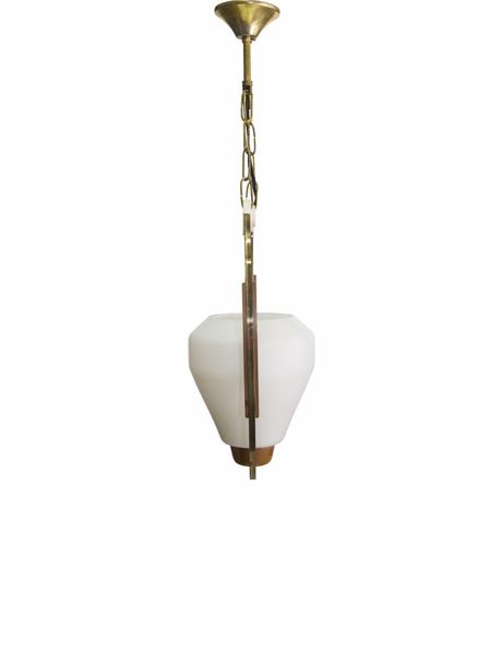 Houten hanglamp, glazen kelk in houten ring, ca. 1950
