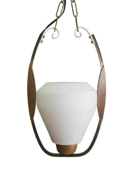 Wooden hanging lamp, glass chalice in wooden ring, 1950s