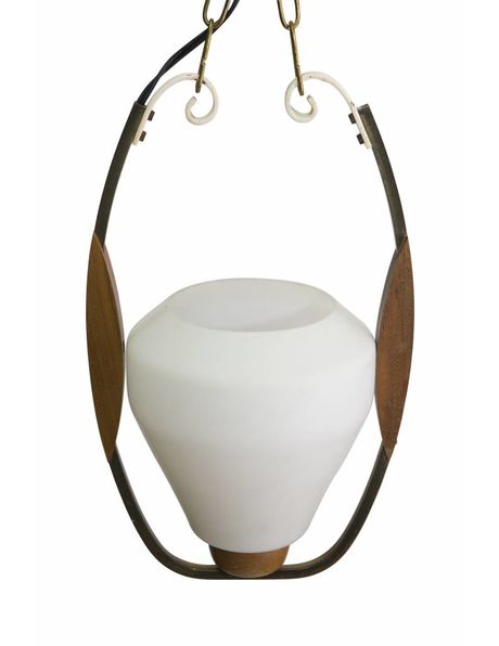 Wooden hanging lamp, glass chalice in wooden ring, 1950s