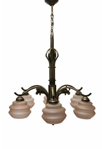 Large Pendant Lamp, 6-arm Fixture, Pink Glass
