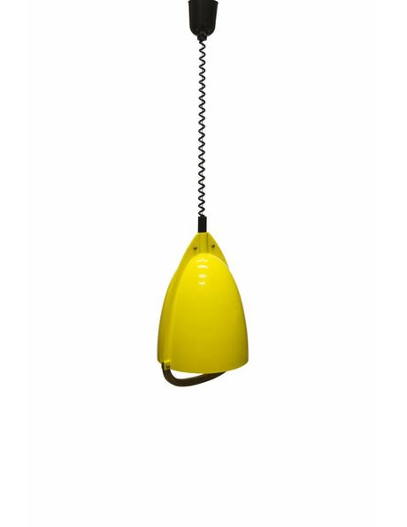 hanging lamp, bright yellow with wooden handle, pull pendulum, 1950s