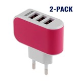 Stuff Certified® 2-Pack  Triple (3x) USB Port iPhone/Android Muur Oplader Wallcharger Roze