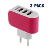 Stuff Certified® 3-Pack  Triple (3x) USB Port iPhone/Android Muur Oplader Wallcharger AC Thuis Roze