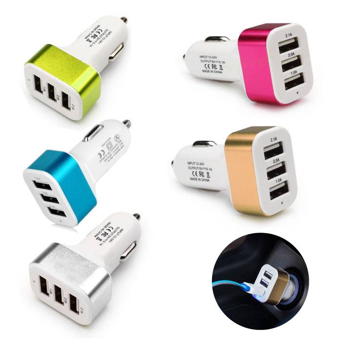 3-Pack High Speed 3-Port Car Charger / Carcharger - 5 Colors