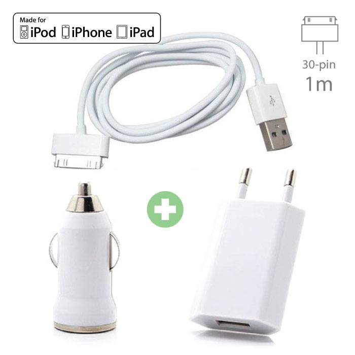 Zestaw ładujący 3 w 1 do iPhone'a 30-pinowy kabel ładujący USB + ładowarka wtyczkowa + ładowarka samochodowa