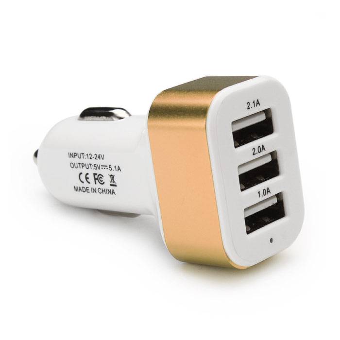 High Speed 3-Port Car Charger / Carcharger 5V - 4.1A - Gold