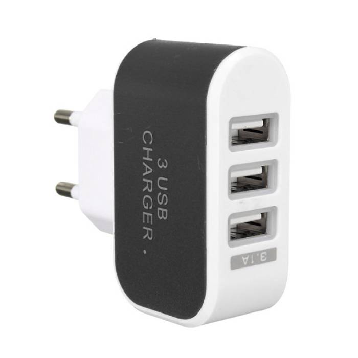 Puerto USB triple (3x) iPhone / Android 5V - Cargador de pared 3.1A Cargador de pared Negro