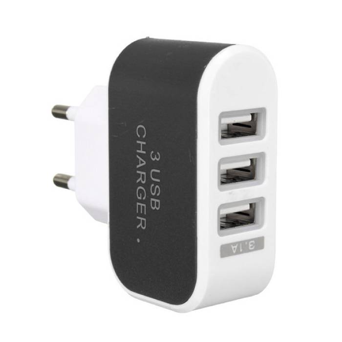 Triple (3x) USB Port iPhone/Android 5V - 3.1A Muur Oplader Wallcharger Zwart