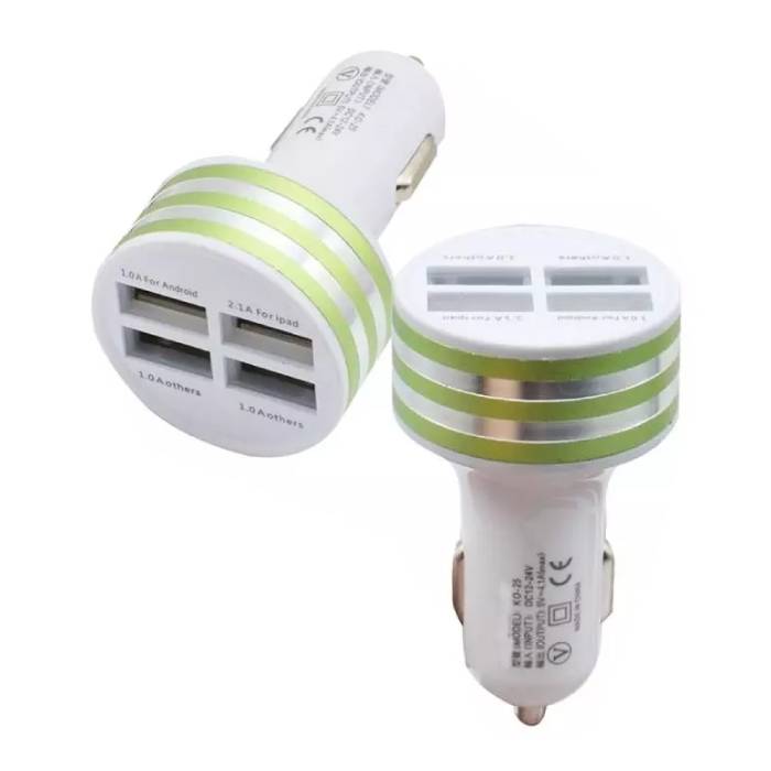 High-Speed Quad 4x USB Port Car Charger / Carcharger 5V - 4.1A Green