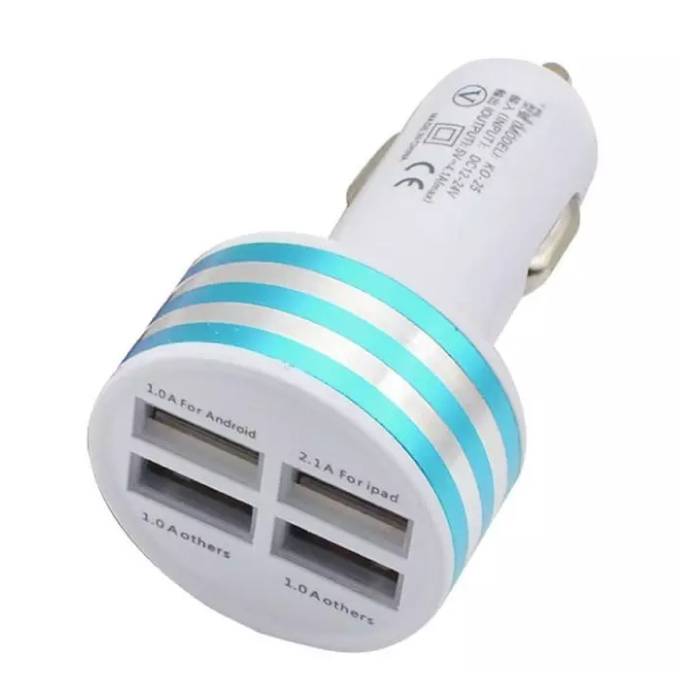 High-Speed Quad 4x USB Port Car Charger / Carcharger 5V - 4.1A Blue