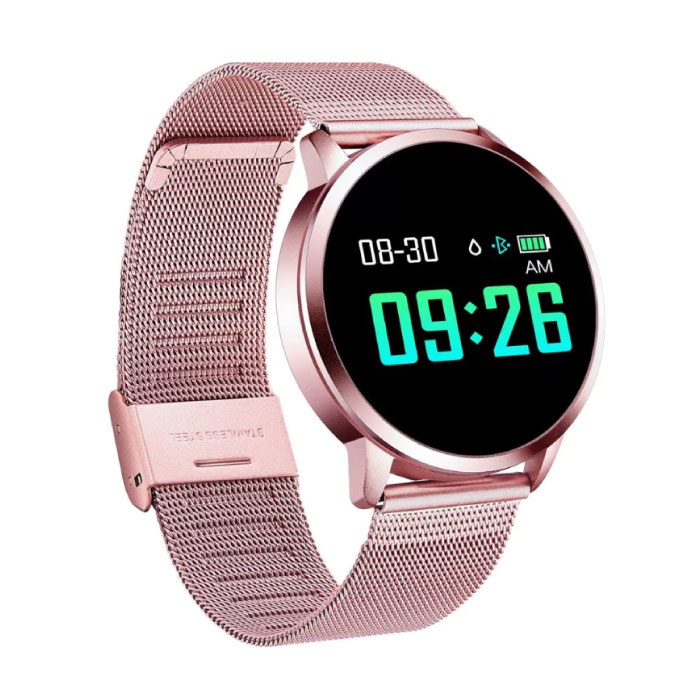 Original Q8 Smartband Fitness Sport Aktivität Tracker Smartwatch Smartphone Uhr OLED iOS Android iPhone Samsung Huawei Pink Metal