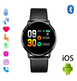 Stuff Certified® Original Q8 Smartband Fitness Sport Aktivität Tracker Smartwatch Smartphone Uhr OLED iOS Android iPhone Samsung Huawei Schwarzes Leder