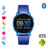 Stuff Certified® Original Q8 Smartband Fitness Sport Aktivität Tracker Smartwatch Smartphone Uhr OLED iOS Android iPhone Samsung Huawei Blue Leather