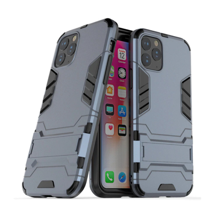 iPhone 11 Pro Max - Custodia protettiva per armatura robotica Custodia in TPU blu scuro + cavalletto