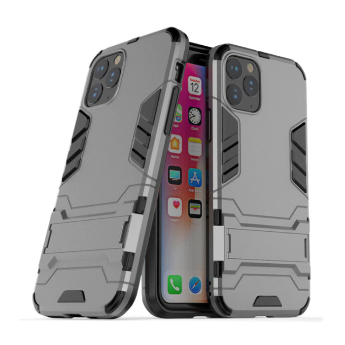 iPhone 11 Pro Max - Custodia protettiva per armatura robotica Custodia in TPU grigia + cavalletto