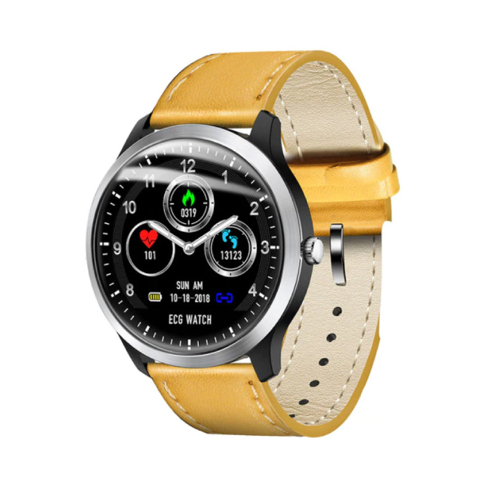 Smartwatch sportivo ECG + PPG Fitness Sport Activity Tracker Smartphone Watch iOS Android iPhone Samsung Huawei Pelle marrone