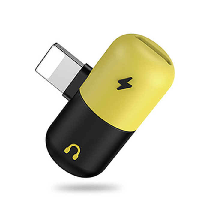 Caricabatterie Lightning per iPhone + adattatore per splitter audio per cuffie giallo
