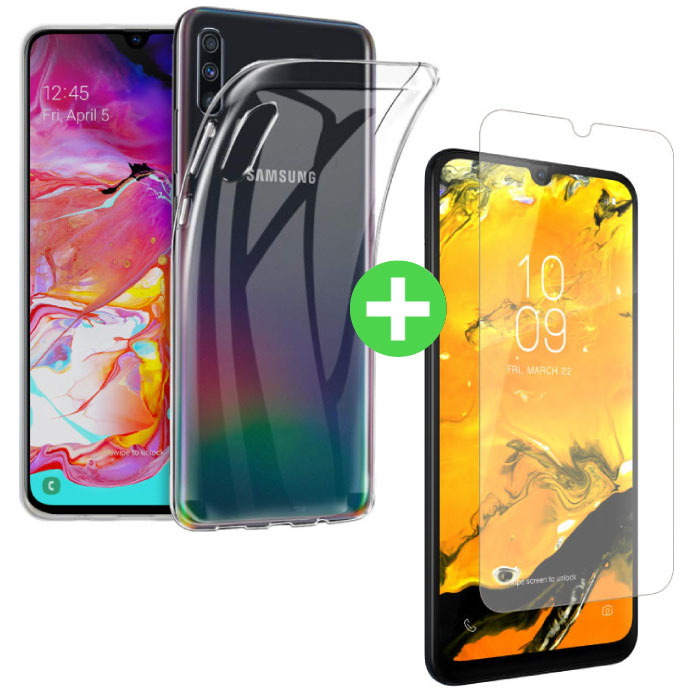 Samsung Galaxy A70 Funda TPU Transparente + Protector de Pantalla Vidrio Templado