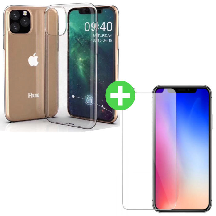 Coque en TPU transparente pour iPhone 11 Pro Max + Protecteur d'écran en verre trempé