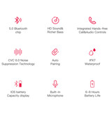 IONCT Écouteurs sans fil U8 TWS Bluetooth 5.0 écouteurs intra-auriculaires sans fil écouteurs écouteurs 110mAh rouge