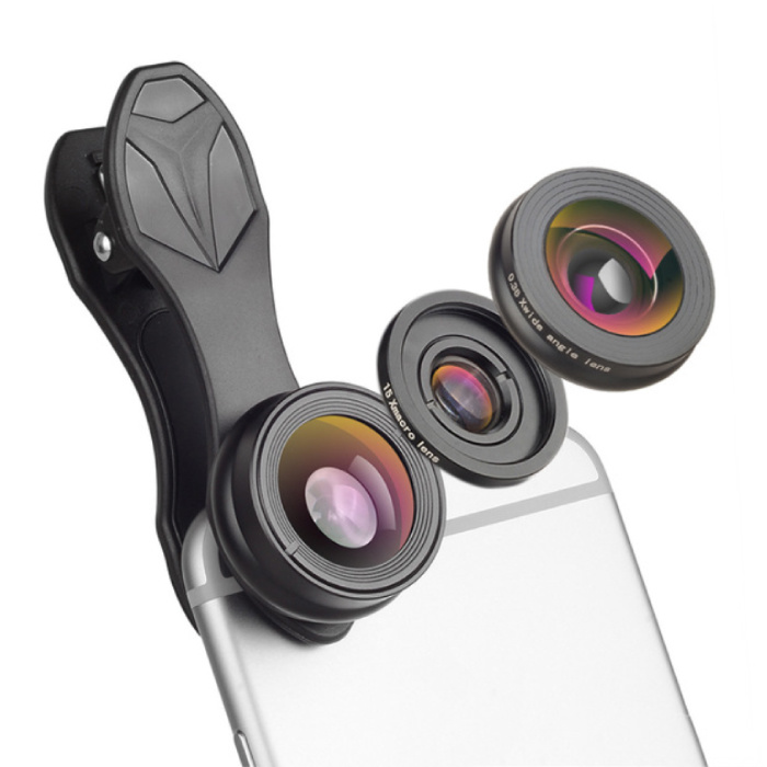 Clip per obiettivo 3 in 1 per smartphone nero - Obiettivo fisheye / grandangolare / macro