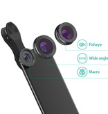 APEXEL Clip d'objectif de caméra 3 en 1 pour Smartphones Noir - Fisheye / Grand Angle / Objectif Macro