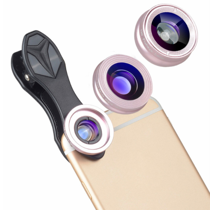 Clip per obiettivo 3 in 1 per smartphone Rosa - Obiettivo fisheye / grandangolare / macro