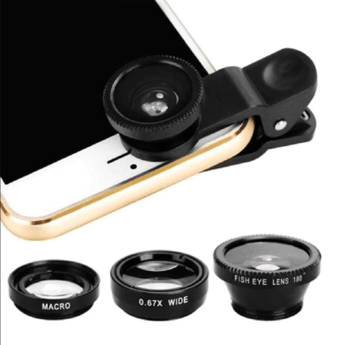 Stuff Certified® 3 en 1 Appareil photo universel Clip objectif pour les téléphones intelligents Noir - Fisheye / Grand angle / macro objectif