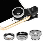 Stuff Certified® 3 in 1 Universal Camera Lens Clip for Smartphones Silver - Fisheye / Wide Angle / Macro Lens