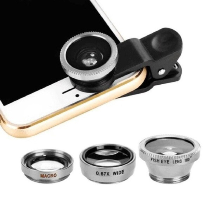 Clip universale per obiettivo fotocamera 3 in 1 per smartphone Argento - Obiettivo fisheye / grandangolare / macro