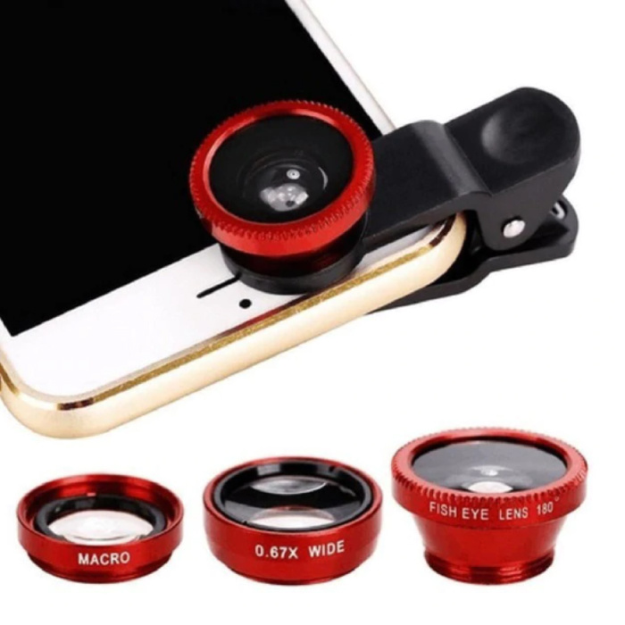 Clip per obiettivo universale 3 in 1 per smartphone Rosso - Obiettivo fisheye / grandangolare / macro