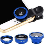 Stuff Certified® 3 in 1 Universal Camera Lens Clip for Smartphones Blue - Fisheye / Wide Angle / Macro Lens