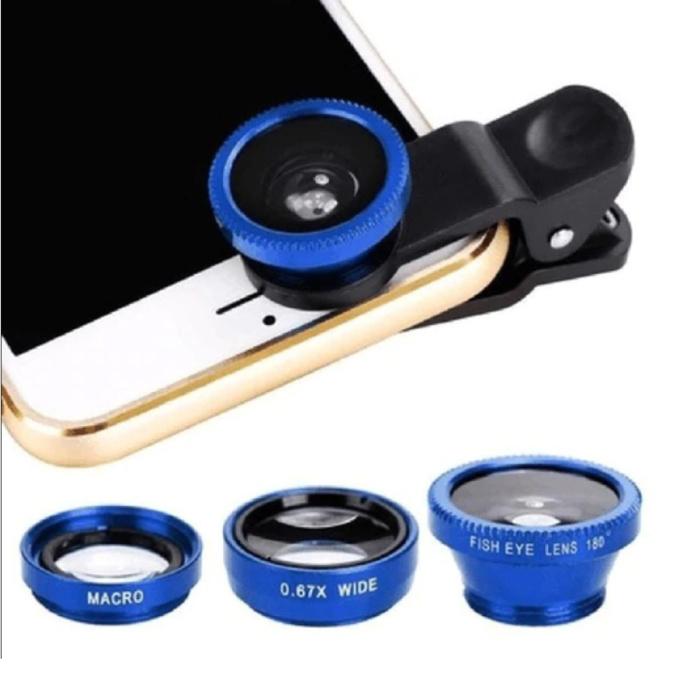 Clip per obiettivo universale 3 in 1 per smartphone Blu - Obiettivo fisheye / grandangolare / macro