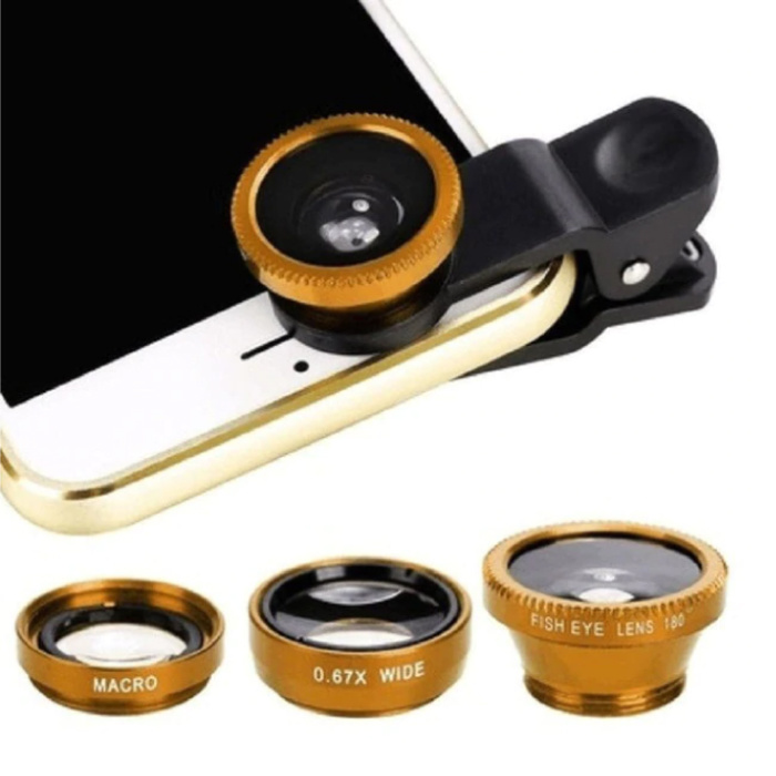 Clip universale per obiettivo fotocamera 3 in 1 per smartphone Oro - Obiettivo fisheye / grandangolare / macro