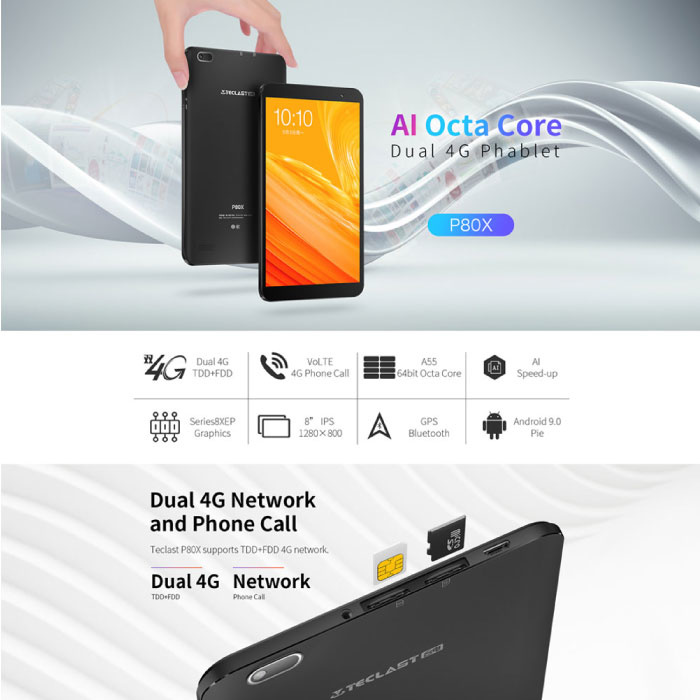 Teclast Tablette P80X - AI / Octa Core / 2 Go de RAM / 16 Go de stockage / 4200 mAh