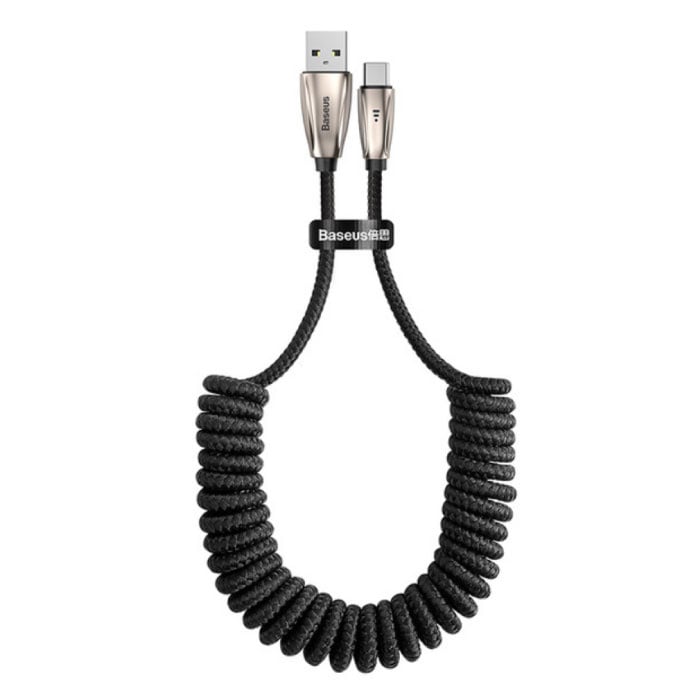 USB-C Gekrulde Spiraal Oplaadkabel Datakabel 1 Meter Oplader Zwart