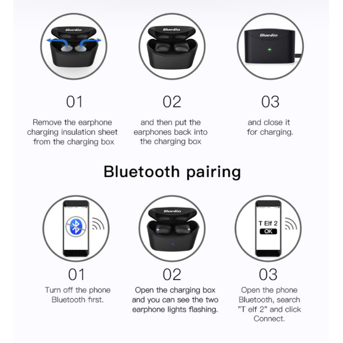 Bluedio Bezprzewodowe słuchawki T-Elf 2 TWS Sterowanie dotykowe Bluetooth 5.0 Douszne słuchawki bezprzewodowe Słuchawki douszne Słuchawki Czarne
