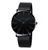 Geneva Quartz Watch - Anologue Luxury Movement for Men and Women - Stainless Steel - Black-Blue