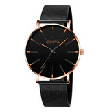 Geneva Montre à quartz - Mouvement de luxe Anologue pour homme et femme - Acier inoxydable - Noir-Or