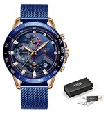 Lige Montre à quartz - Mouvement de luxe Anologue pour homme - Acier inoxydable - Bleu