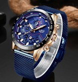 Lige Montre à quartz - Mouvement de luxe Anologue pour homme - Acier inoxydable - Bleu