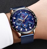 Lige Montre à quartz - Mouvement de luxe Anologue pour homme - Acier inoxydable - Bleu