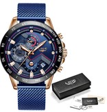 Lige Montre à quartz - Mouvement de luxe Anologue pour homme - Acier inoxydable - Bleu-Noir