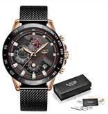 Lige Montre à quartz - Mouvement de luxe Anologue pour homme - Acier inoxydable - Noir-Or