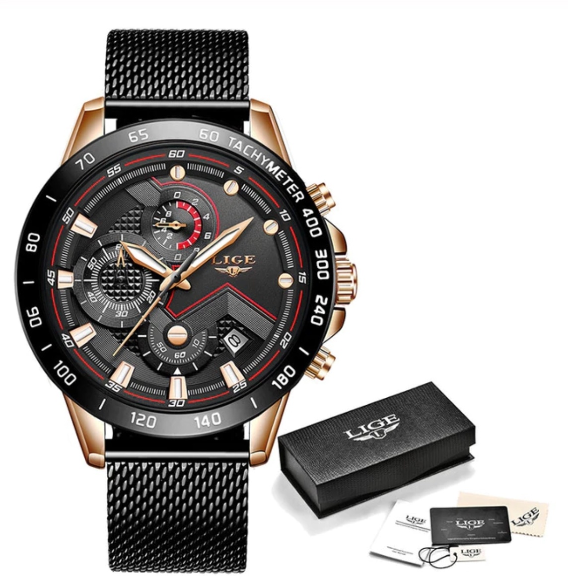 Montre à quartz - Mouvement de luxe Anologue pour homme - Acier inoxydable - Noir-Or