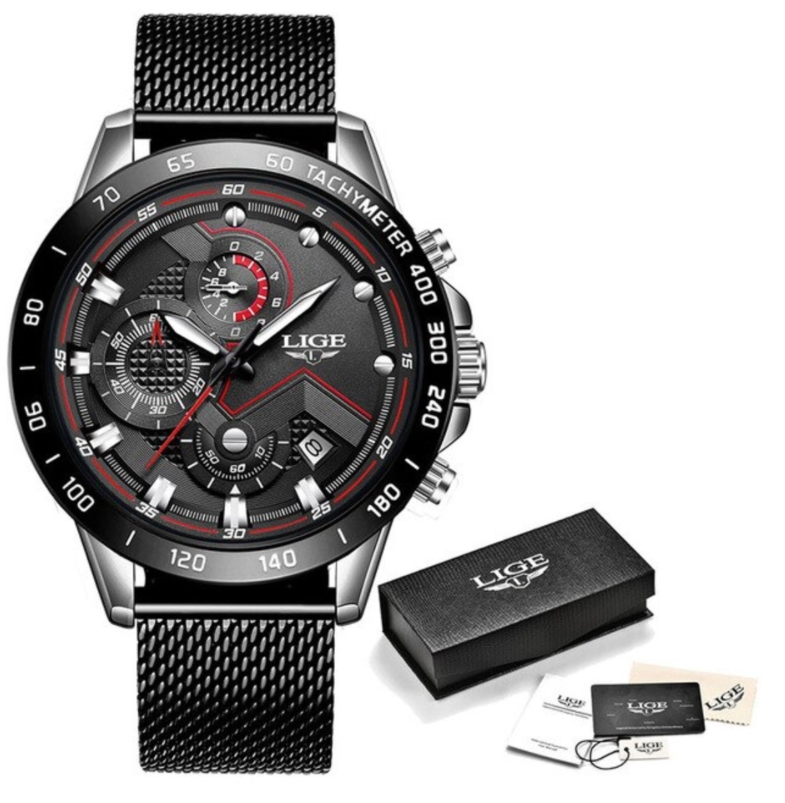 Lige Quartz Watch - Anologue Luxury Movement for Men - Stainless Steel - Black