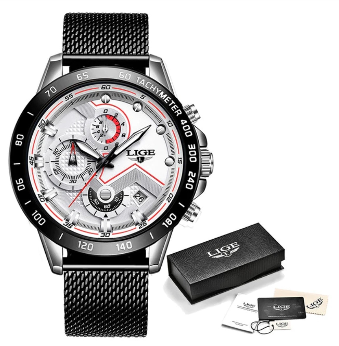 Orologio al quarzo - movimento di lusso anologo da uomo - acciaio inossidabile - nero-bianco