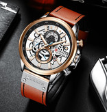 Curren Montre Anologue - Bracelet en cuir Mouvement à quartz de luxe pour homme - Acier inoxydable - Orange-Argent