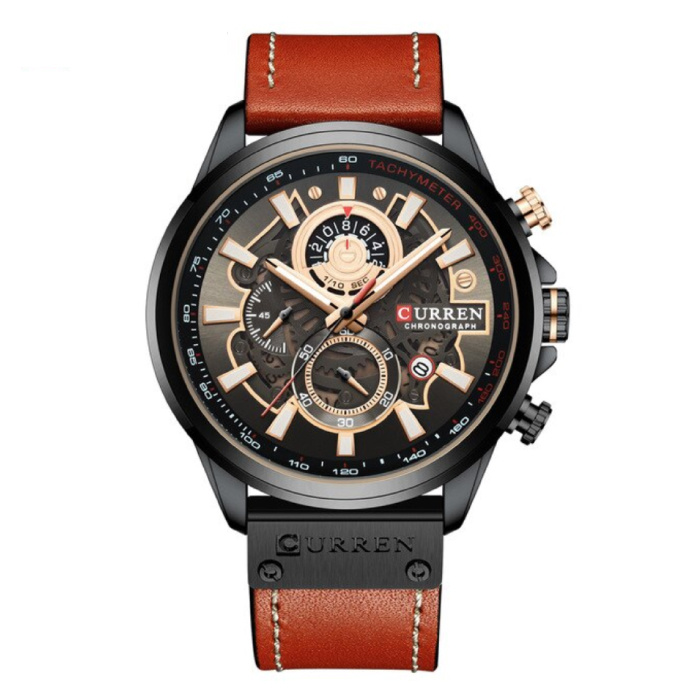 Orologio anologo - Cinturino in pelle, movimento al quarzo di lusso per uomo - Acciaio inossidabile - Arancione-Nero